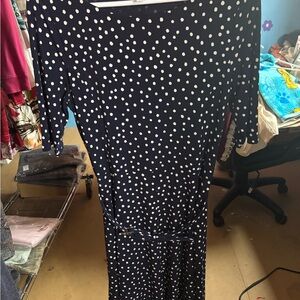 Charter Club Navy and White Polka Dot Long Sleeve Dress